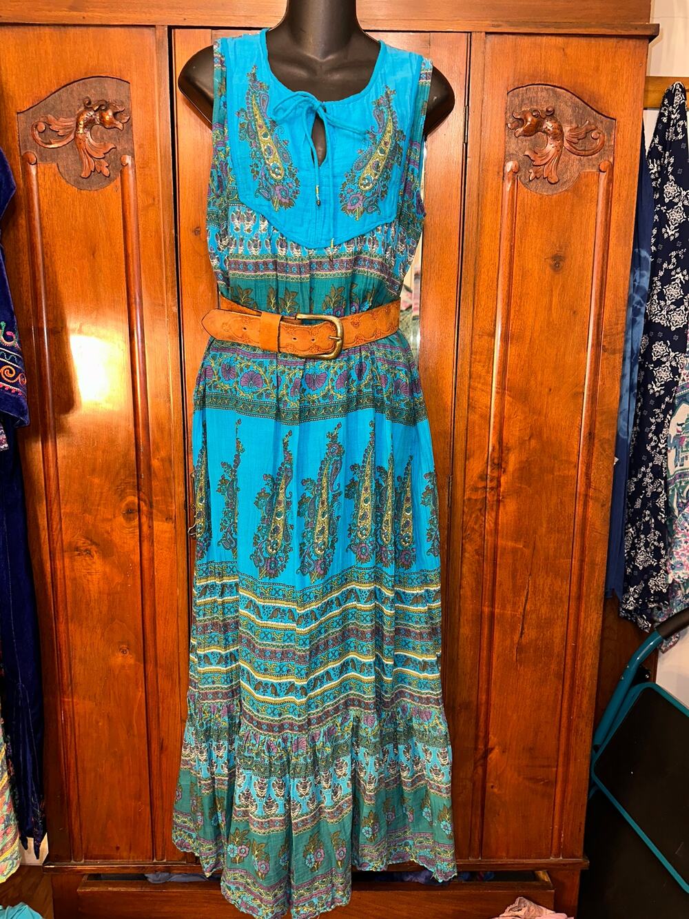 NWOT TURQUOISE SLEEVELESS BLOCK PRINT HIPPIE BOHO MAXI DRESS COTTON GAUZE